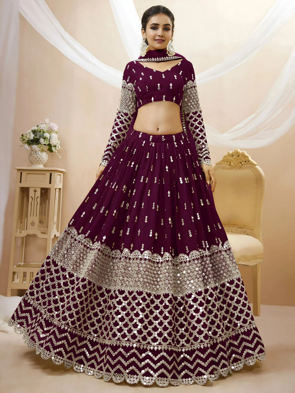 Tulsi Art Gorgeous Wine Sequins Georgette Sangeet Wear Lehenga Choli | Grocsy