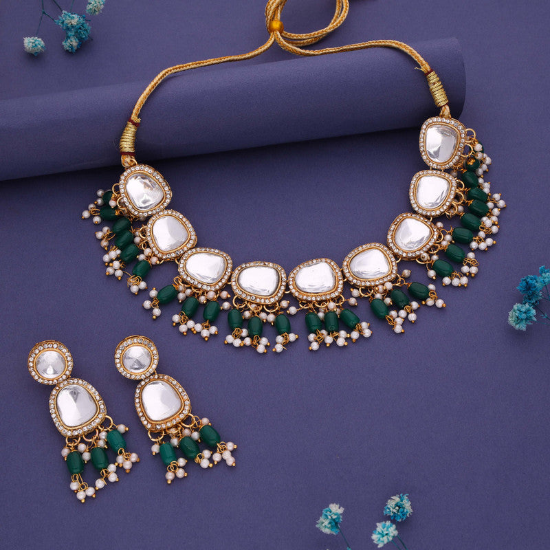 Tehzeeb Creations Gold-Polished Kundan Green Colour Necklace With Earrings | Grocsy