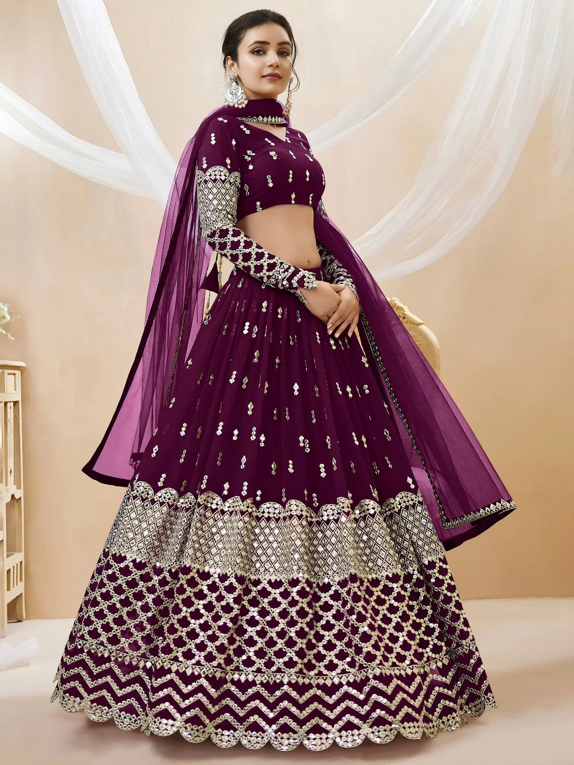 Tulsi Art Gorgeous Wine Sequins Georgette Sangeet Wear Lehenga Choli | Grocsy