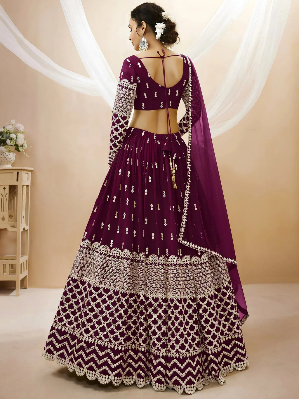 Tulsi Art Gorgeous Wine Sequins Georgette Sangeet Wear Lehenga Choli | Grocsy
