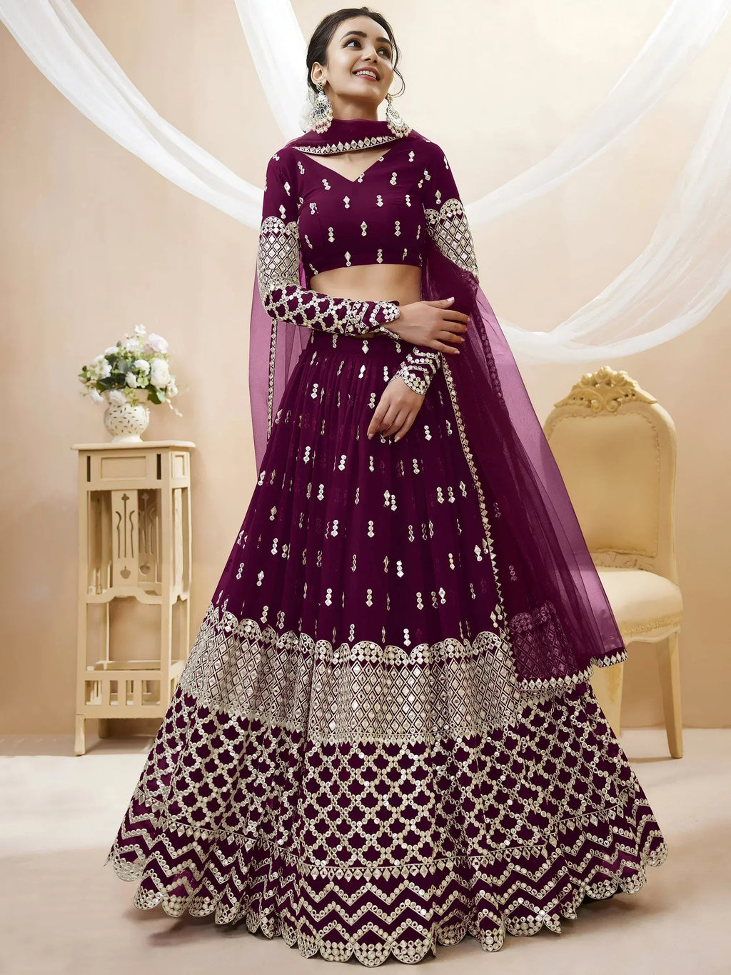 Tulsi Art Gorgeous Wine Sequins Georgette Sangeet Wear Lehenga Choli | Grocsy