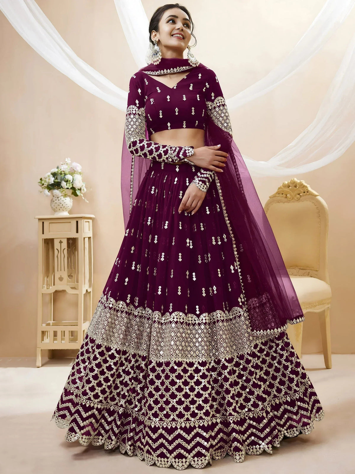 Tulsi Art Gorgeous Wine Sequins Georgette Sangeet Wear Lehenga Choli | Grocsy