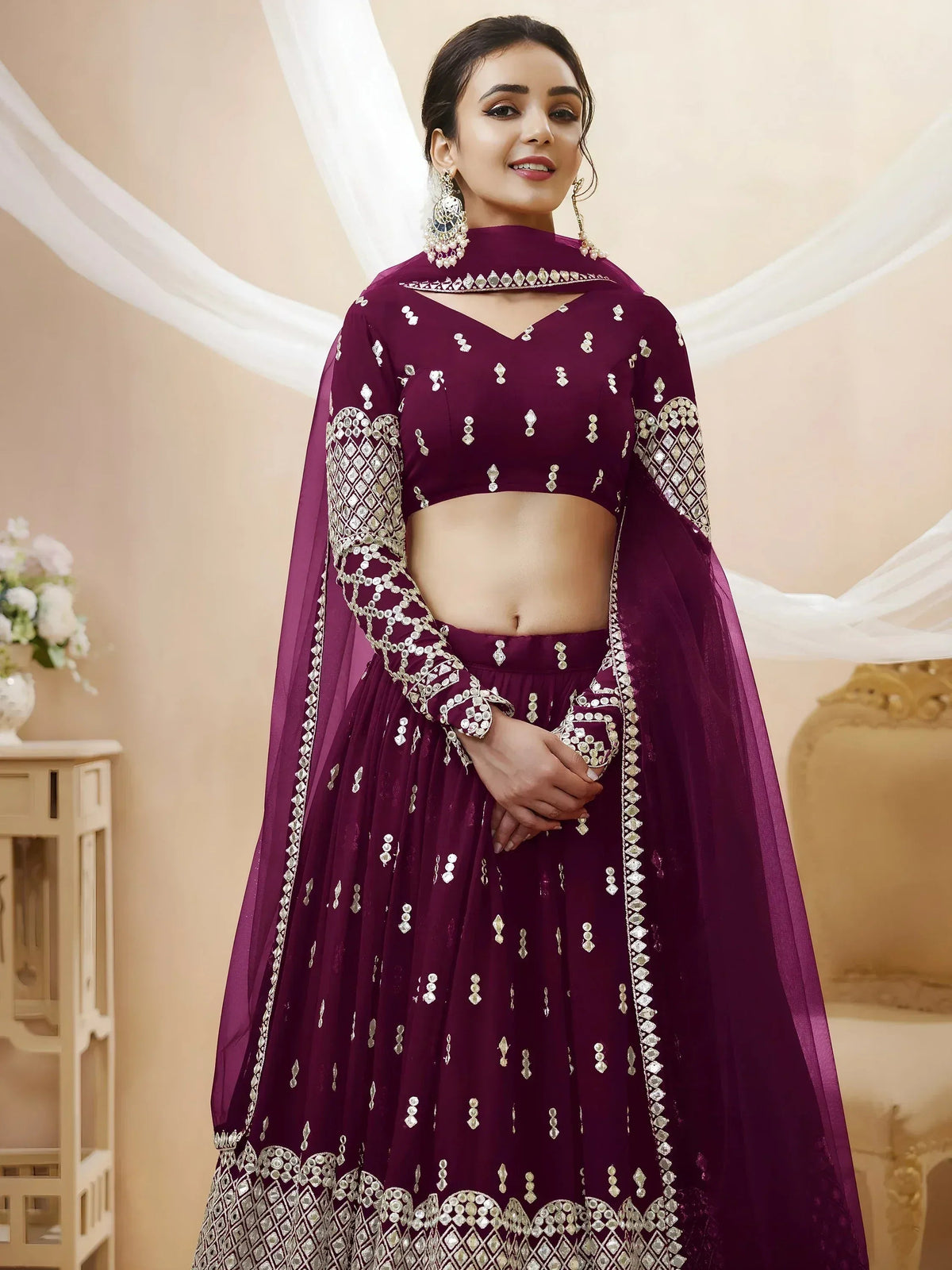 Tulsi Art Gorgeous Wine Sequins Georgette Sangeet Wear Lehenga Choli | Grocsy
