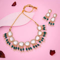 Tehzeeb Creations Gold-Polished Kundan Green Colour Necklace With Earrings | Grocsy