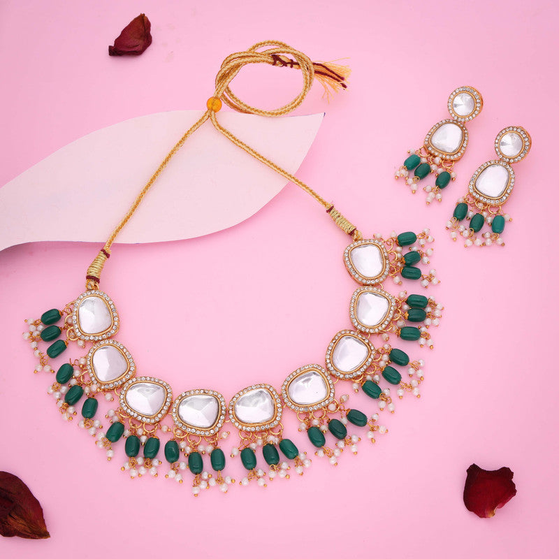 Tehzeeb Creations Gold-Polished Kundan Green Colour Necklace With Earrings | Grocsy