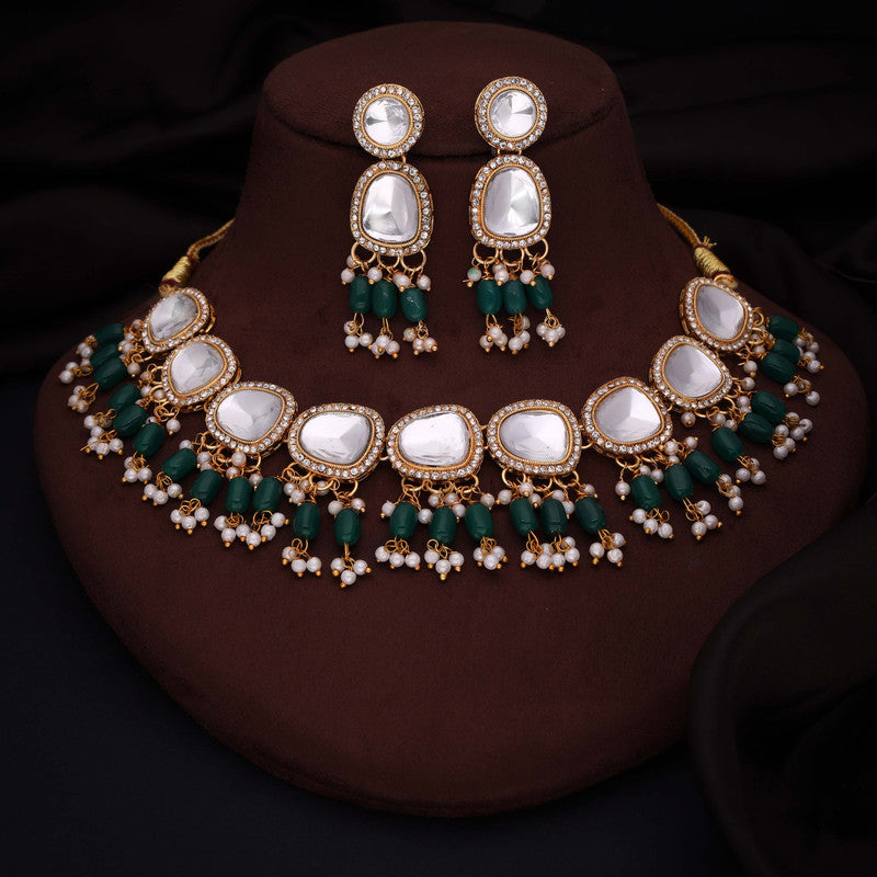 Tehzeeb Creations Gold-Polished Kundan Green Colour Necklace With Earrings | Grocsy
