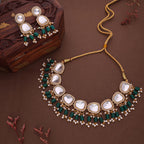 Tehzeeb Creations Gold-Polished Kundan Green Colour Necklace With Earrings | Grocsy