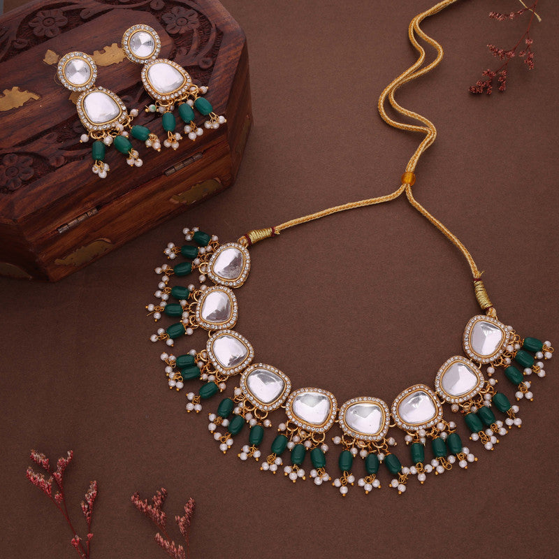 Tehzeeb Creations Gold-Polished Kundan Green Colour Necklace With Earrings | Grocsy