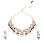 Tehzeeb Creations Gold-Polished Kundan Green & Maroon Colour Necklace With Earrings | Grocsy