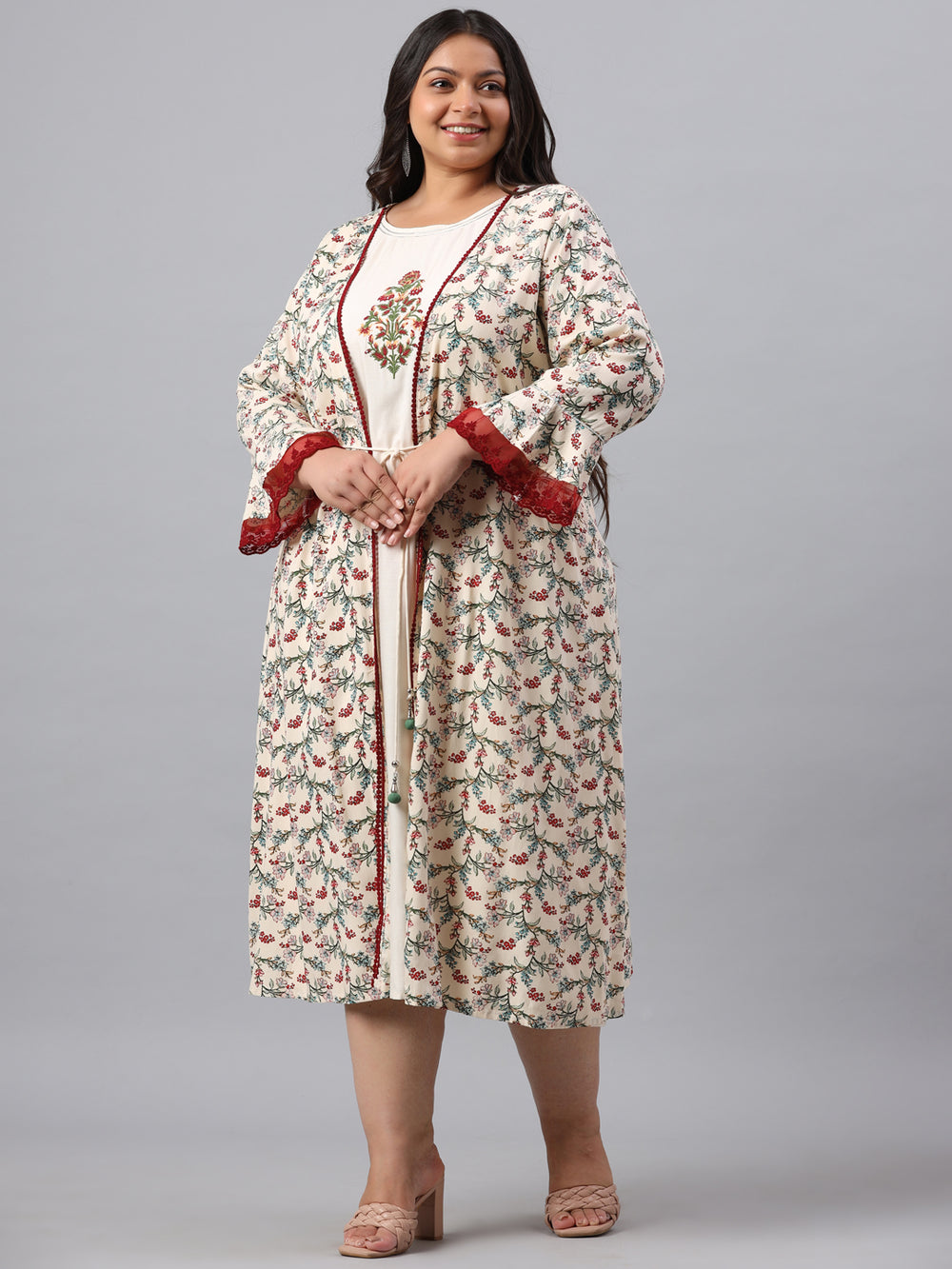 Juniper Women`s Ivory Rayon Festive Wear Embroidered & Printed Flared Dress | Grocsy
