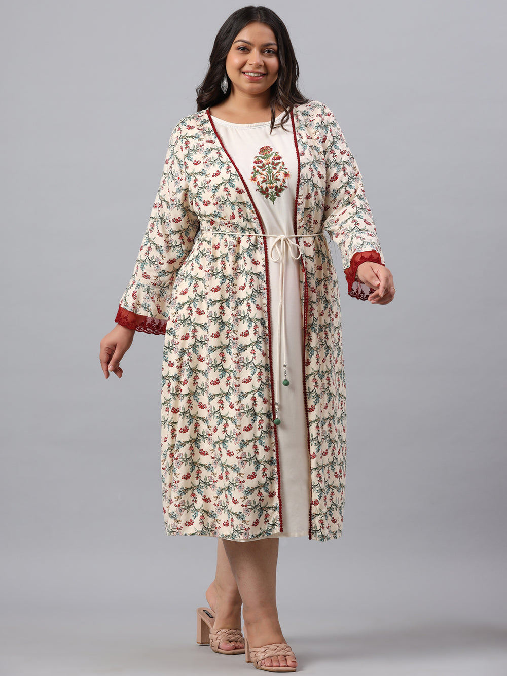 Juniper Women`s Ivory Rayon Festive Wear Embroidered & Printed Flared Dress | Grocsy