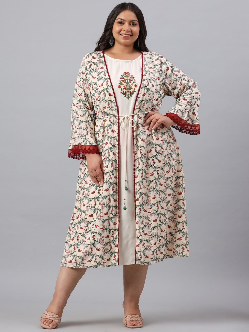 Juniper Women`s Ivory Rayon Festive Wear Embroidered & Printed Flared Dress | Grocsy