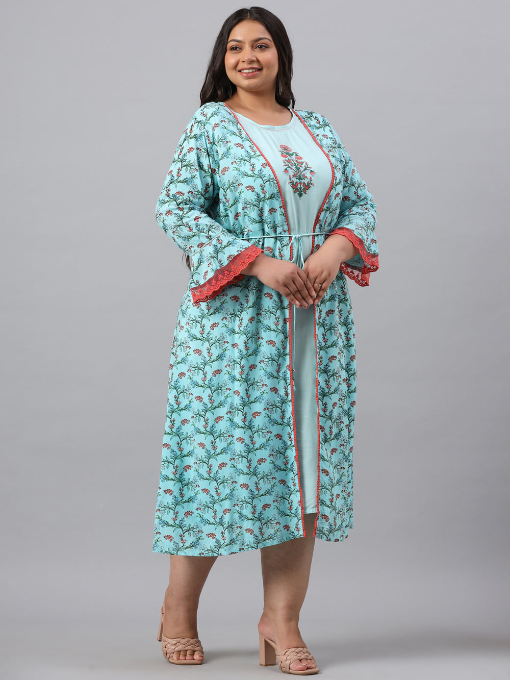 Juniper Women`s Sky Blue Rayon Festive Wear Embroidered & Printed Flared Dress | Grocsy