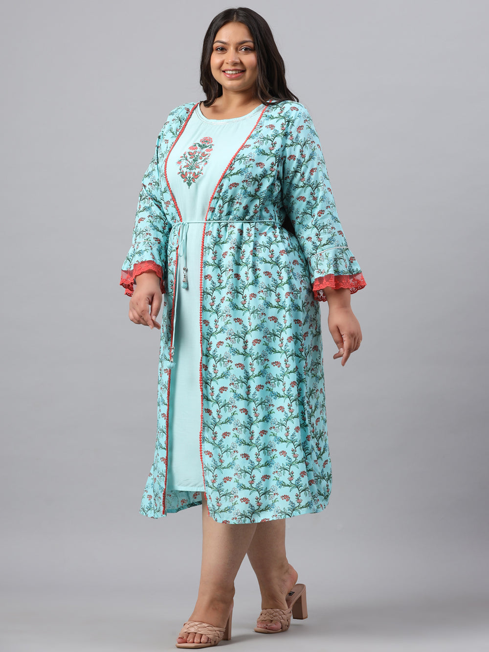 Juniper Women`s Sky Blue Rayon Festive Wear Embroidered & Printed Flared Dress | Grocsy