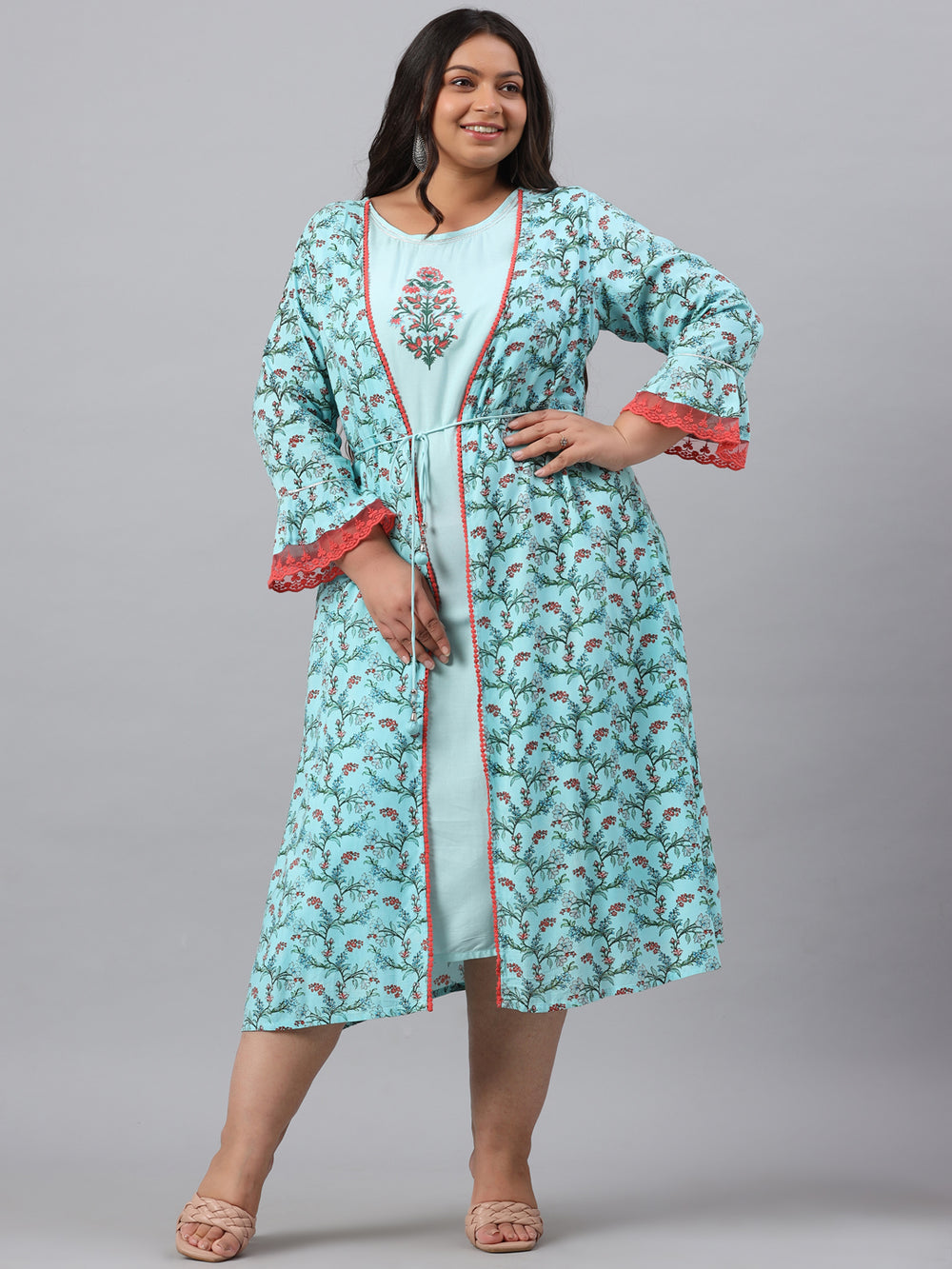 Juniper Women`s Sky Blue Rayon Festive Wear Embroidered & Printed Flared Dress | Grocsy