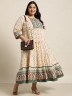 Juniper Women`s Ivory Cambric Festive Wear Printed Tiered Dress | Grocsy