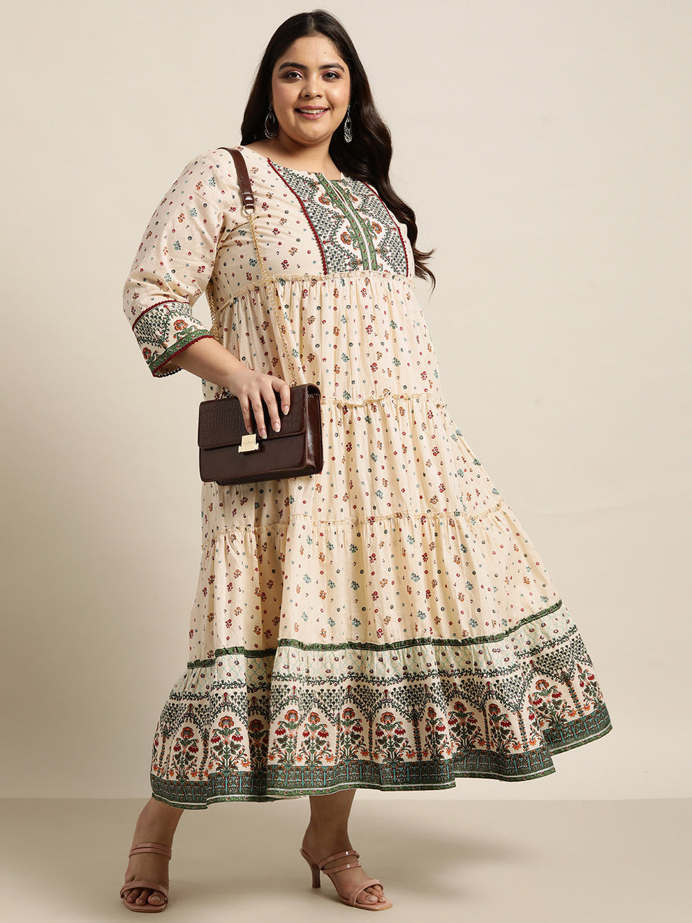 Juniper Women`s Ivory Cambric Festive Wear Printed Tiered Dress | Grocsy