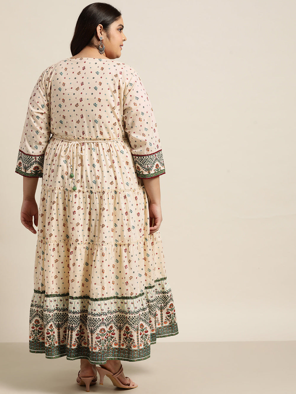 Juniper Women`s Ivory Cambric Festive Wear Printed Tiered Dress | Grocsy