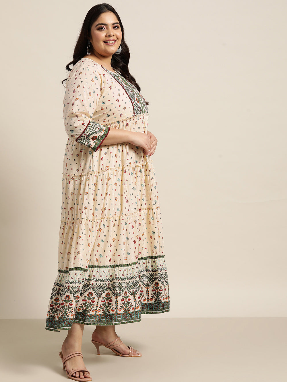 Juniper Women`s Ivory Cambric Festive Wear Printed Tiered Dress | Grocsy