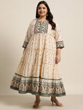 Juniper Women`s Ivory Cambric Festive Wear Printed Tiered Dress | Grocsy