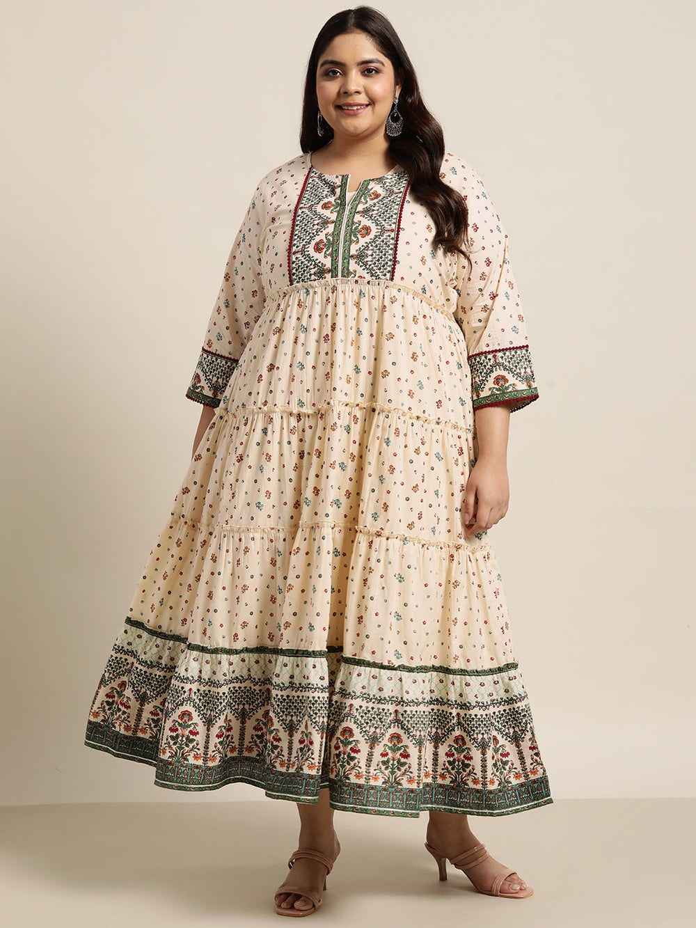 Juniper Women`s Ivory Cambric Festive Wear Printed Tiered Dress | Grocsy