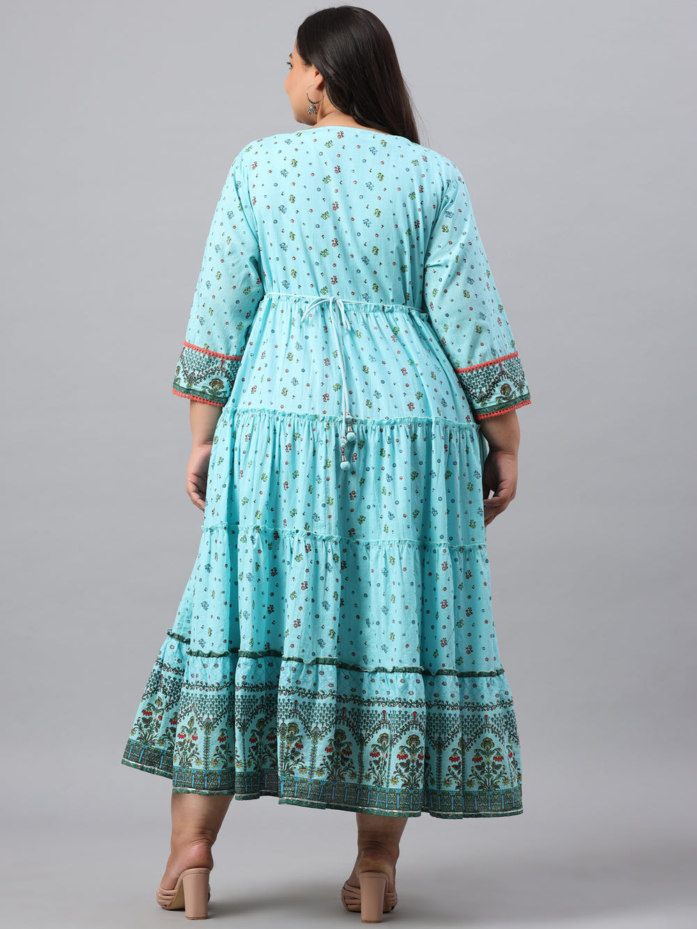 Juniper Women`s Sky Blue Cambric Festive Wear Printed Tiered Dress | Grocsy