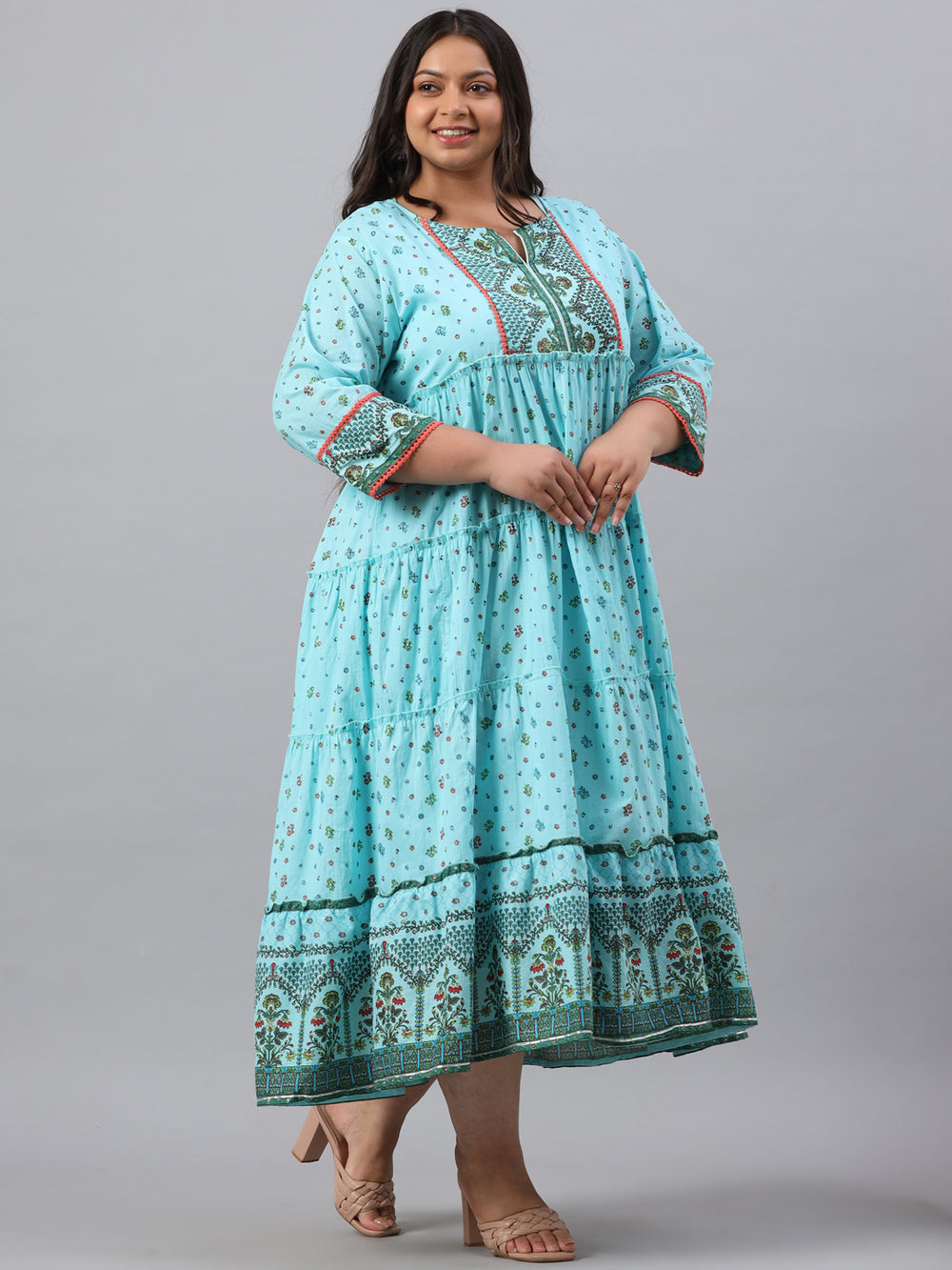 Juniper Women`s Sky Blue Cambric Festive Wear Printed Tiered Dress | Grocsy