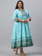 Juniper Women`s Sky Blue Cambric Festive Wear Printed Tiered Dress | Grocsy