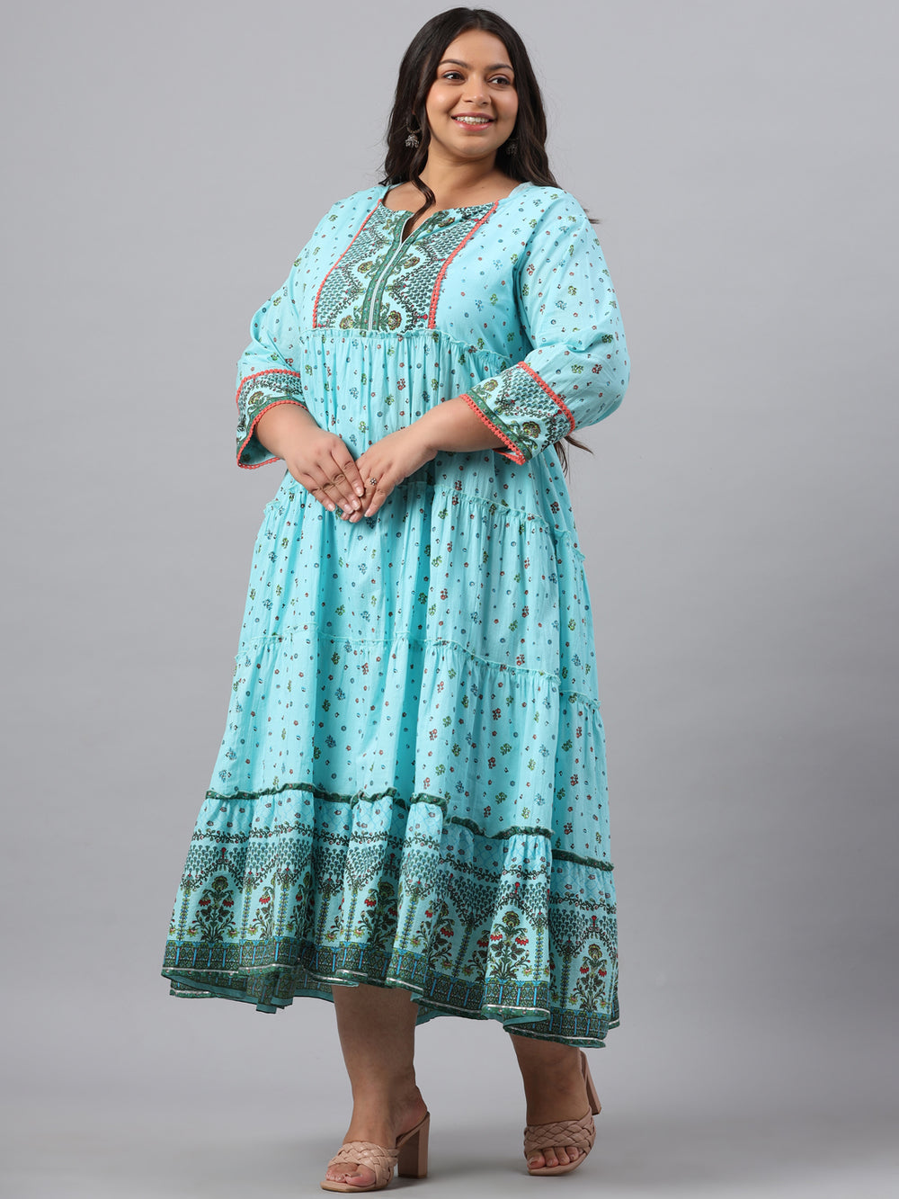 Juniper Women`s Sky Blue Cambric Festive Wear Printed Tiered Dress | Grocsy