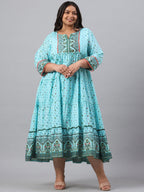 Juniper Women`s Sky Blue Cambric Festive Wear Printed Tiered Dress | Grocsy