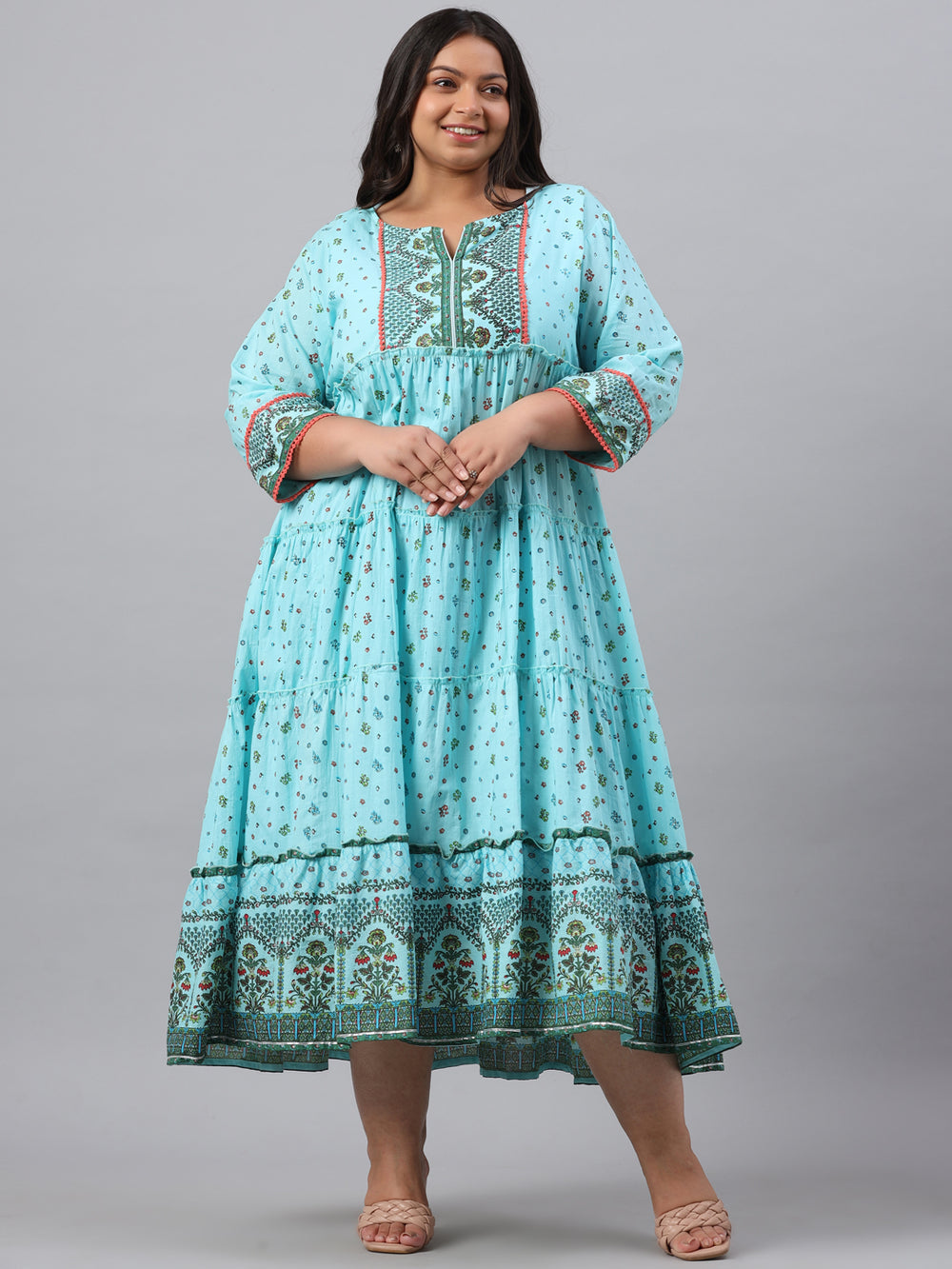 Juniper Women`s Sky Blue Cambric Festive Wear Printed Tiered Dress | Grocsy