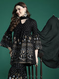 Sangria Women Floral Foil Printed Empire Kurta with Sharara & Dupatta | Grocsy