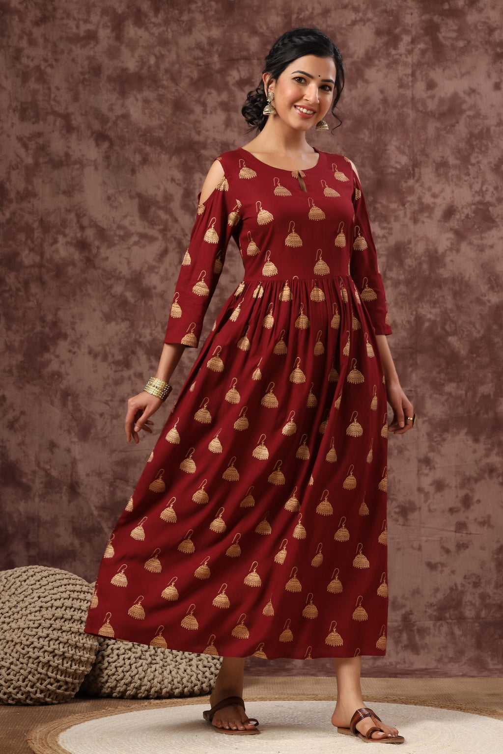 Juniper Women's Juniper Wome Maroon Rayon Printed Fit And Flared Dress | Grocsy