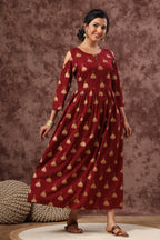 Juniper Women's Juniper Wome Maroon Rayon Printed Fit And Flared Dress | Grocsy