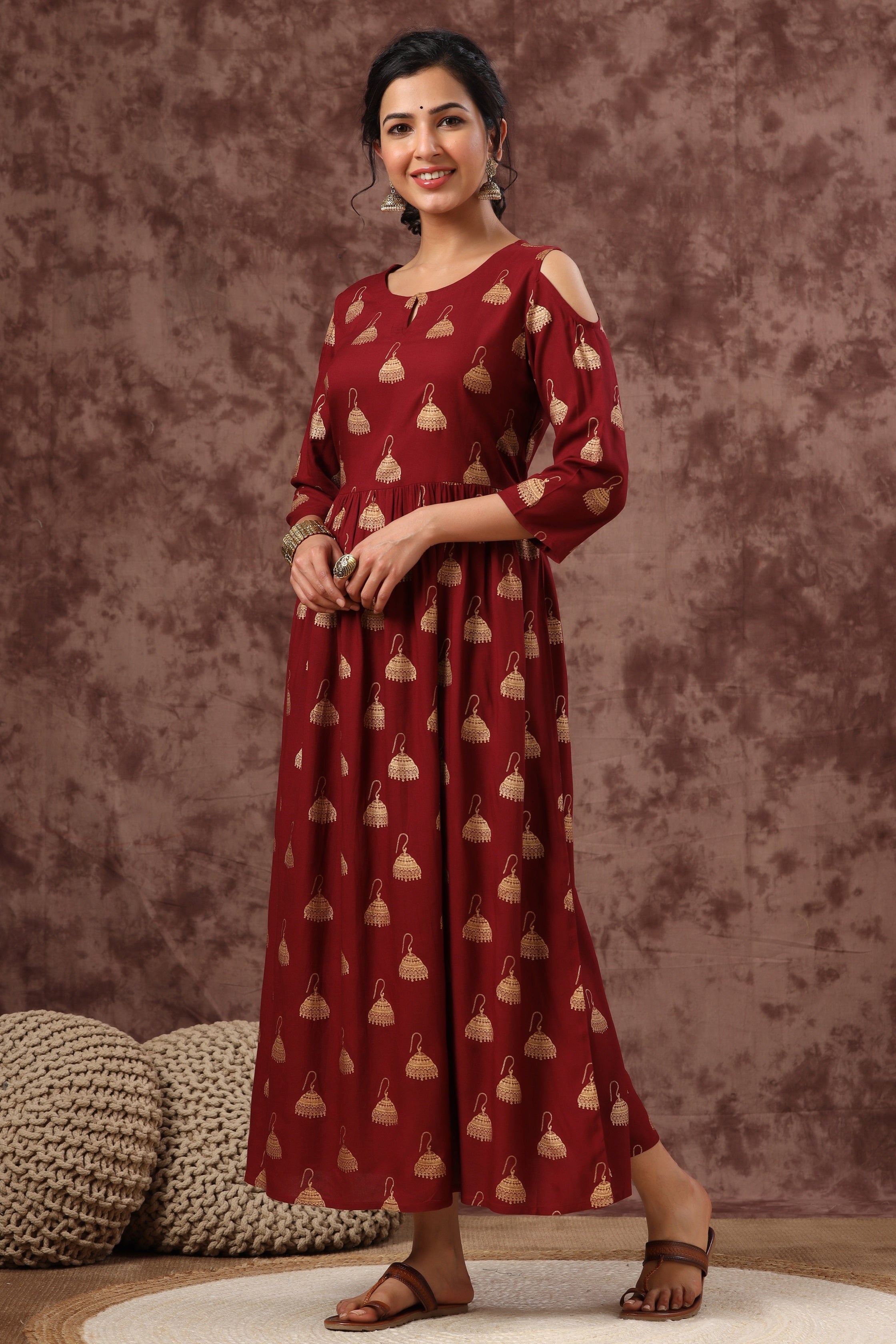Juniper Women's Juniper Wome Maroon Rayon Printed Fit And Flared Dress | Grocsy
