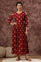 Juniper Women's Juniper Wome Maroon Rayon Printed Fit And Flared Dress | Grocsy