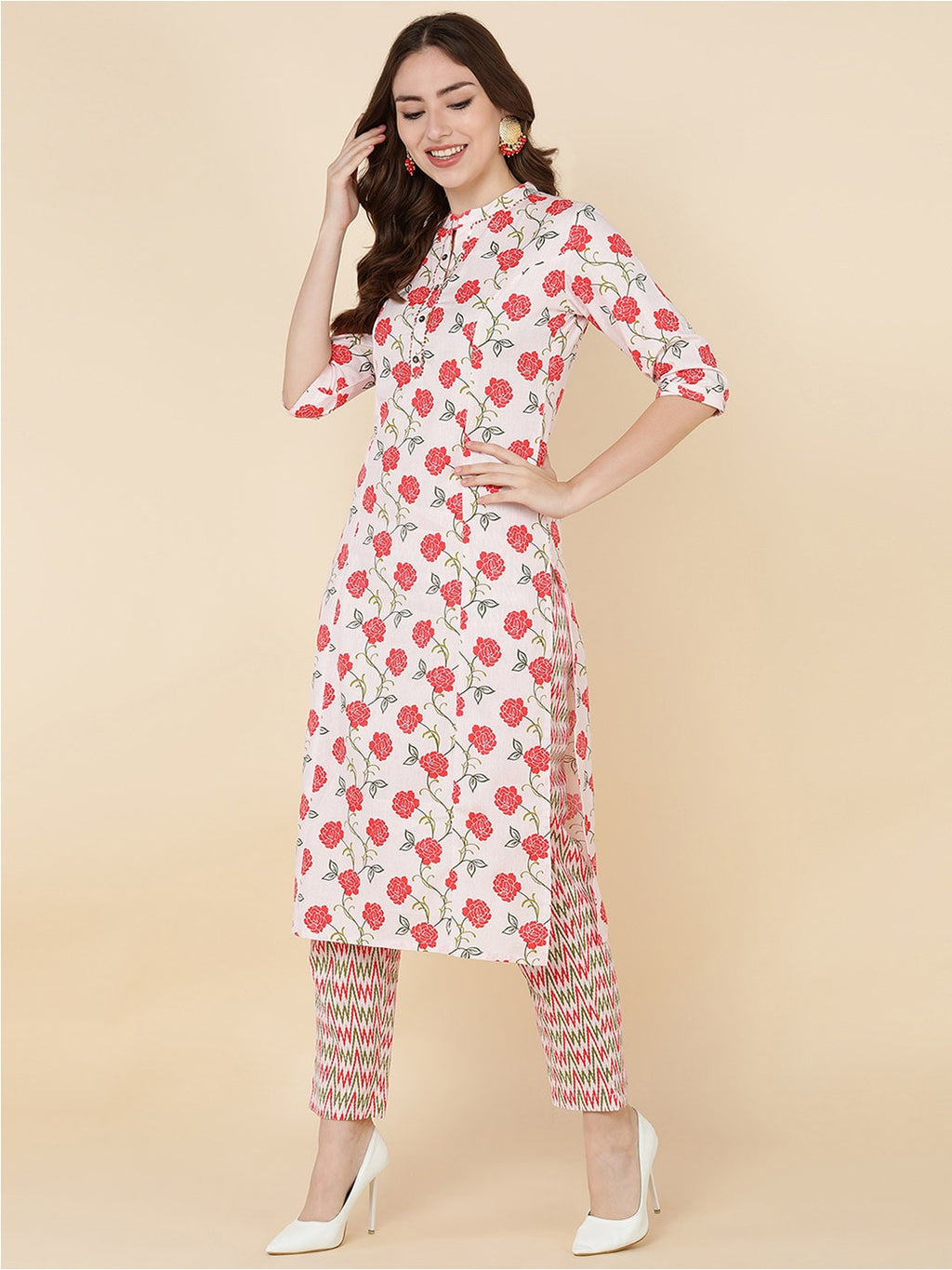 HERE&NOW Women Pink Floral Printed Kurta with Trousers | Grocsy
