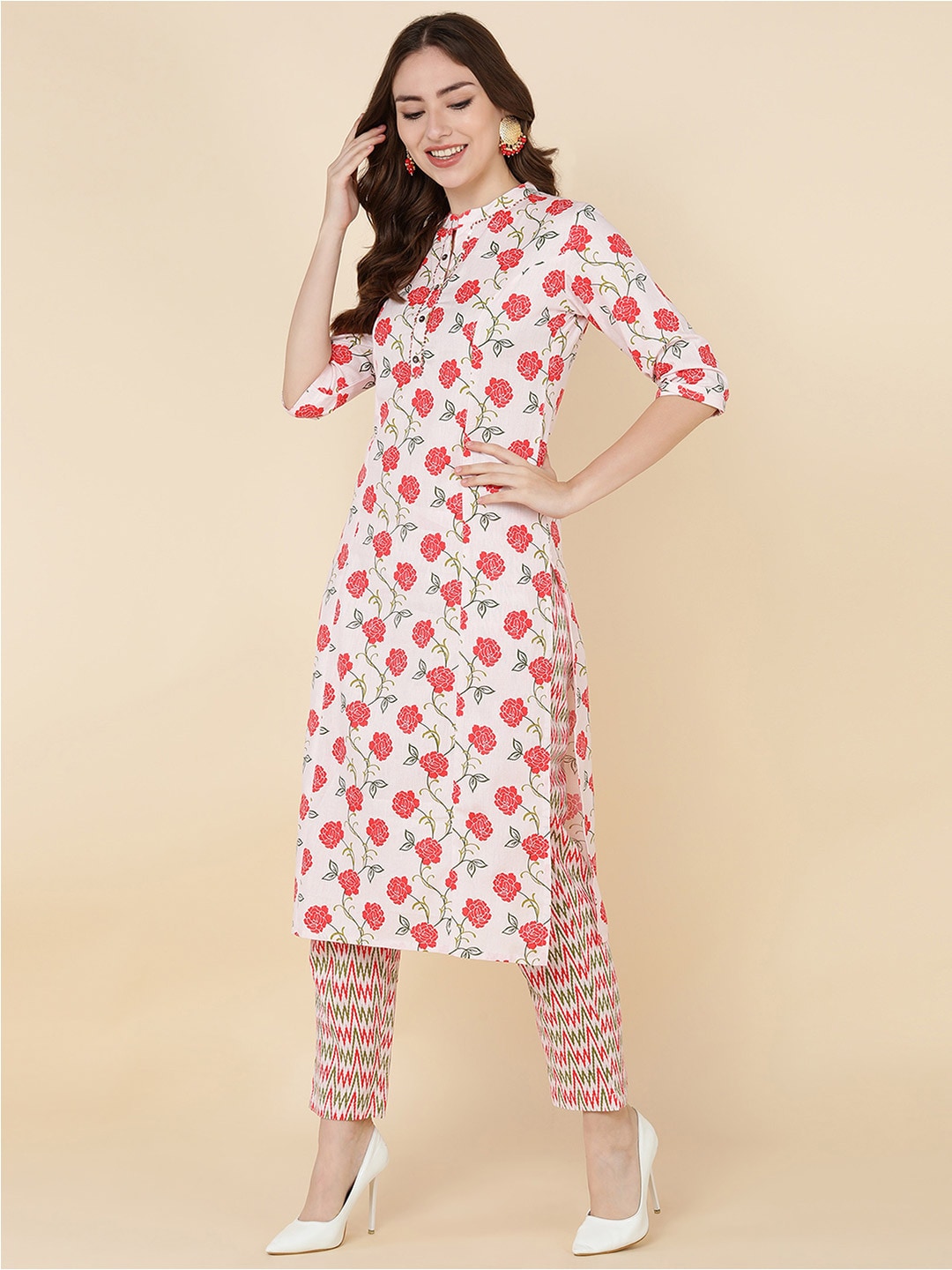 HERE&NOW Women Pink Floral Printed Kurta with Trousers | Grocsy