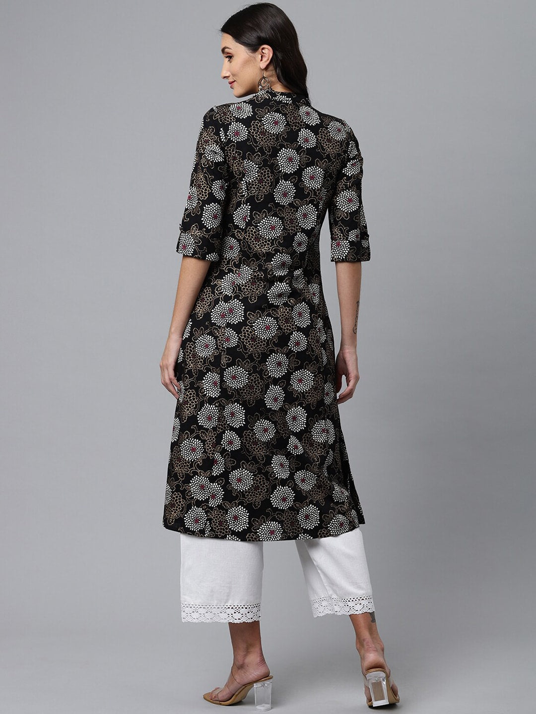 HERE&NOW Mandarin Collar Floral Printed Cotton Kurta | Grocsy