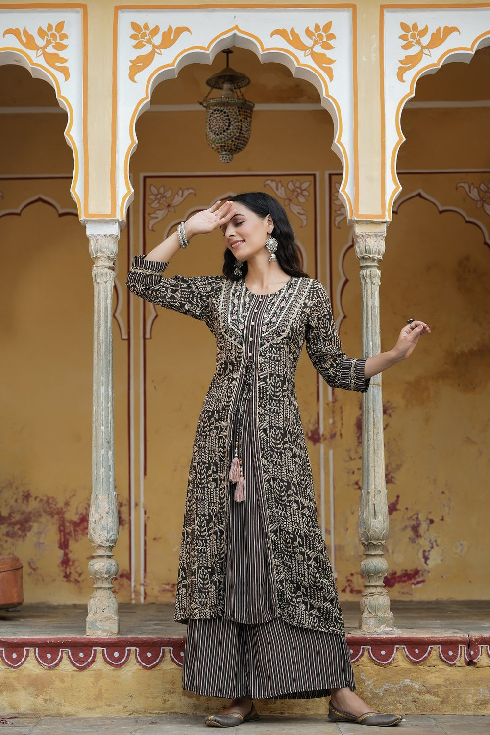 Juniper Women`s Black Rayon Staple Embroidered & Printed A-Line Kurta Sets | Grocsy