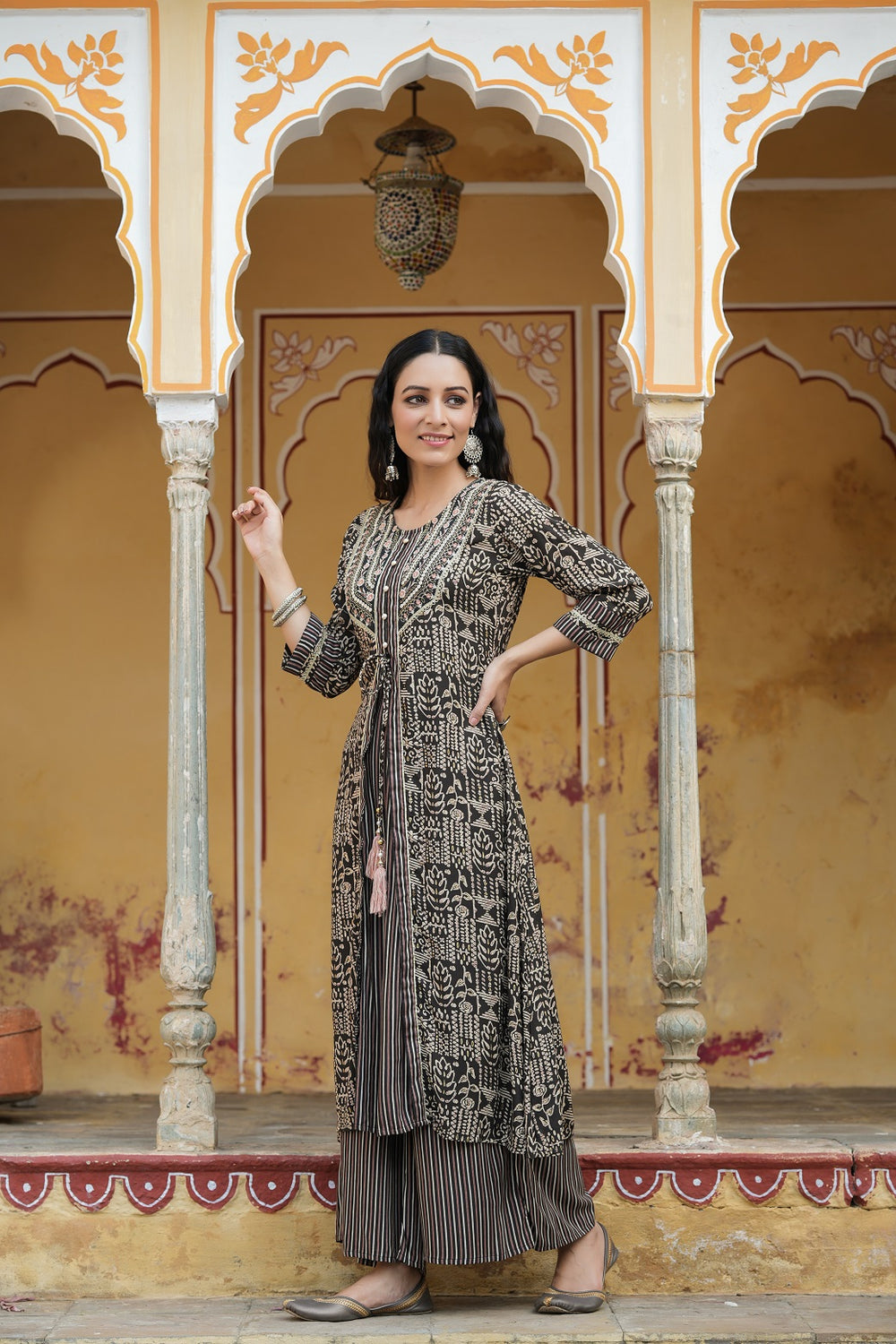 Juniper Women`s Black Rayon Staple Embroidered & Printed A-Line Kurta Sets | Grocsy