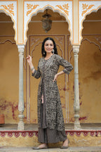 Juniper Women`s Black Rayon Staple Embroidered & Printed A-Line Kurta Sets | Grocsy