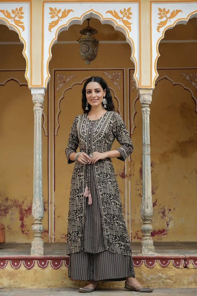 Juniper Women`s Black Rayon Staple Embroidered & Printed A-Line Kurta Sets | Grocsy