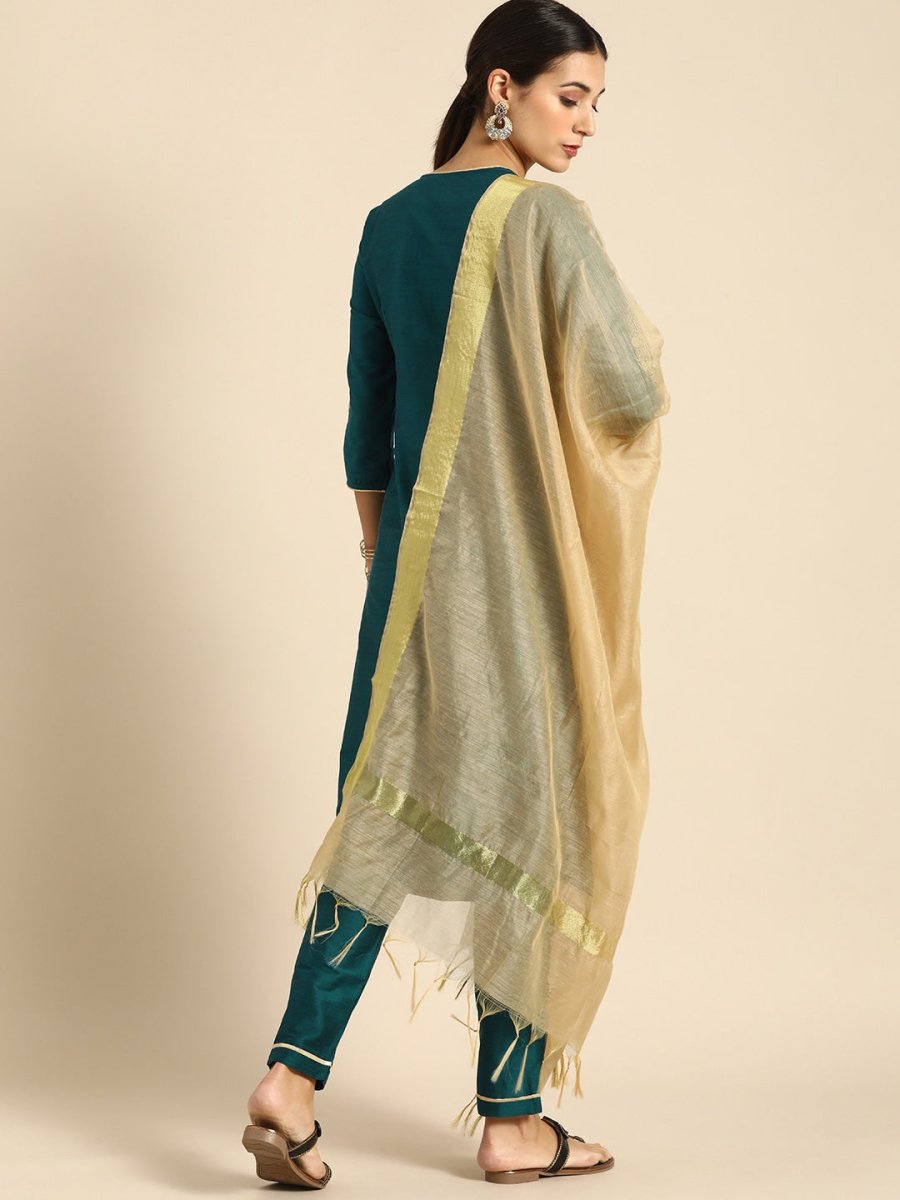 All About You Women Green & Gold-Toned Embroidered Sequinned Kurta with Trousers & Dupatta | Grocsy