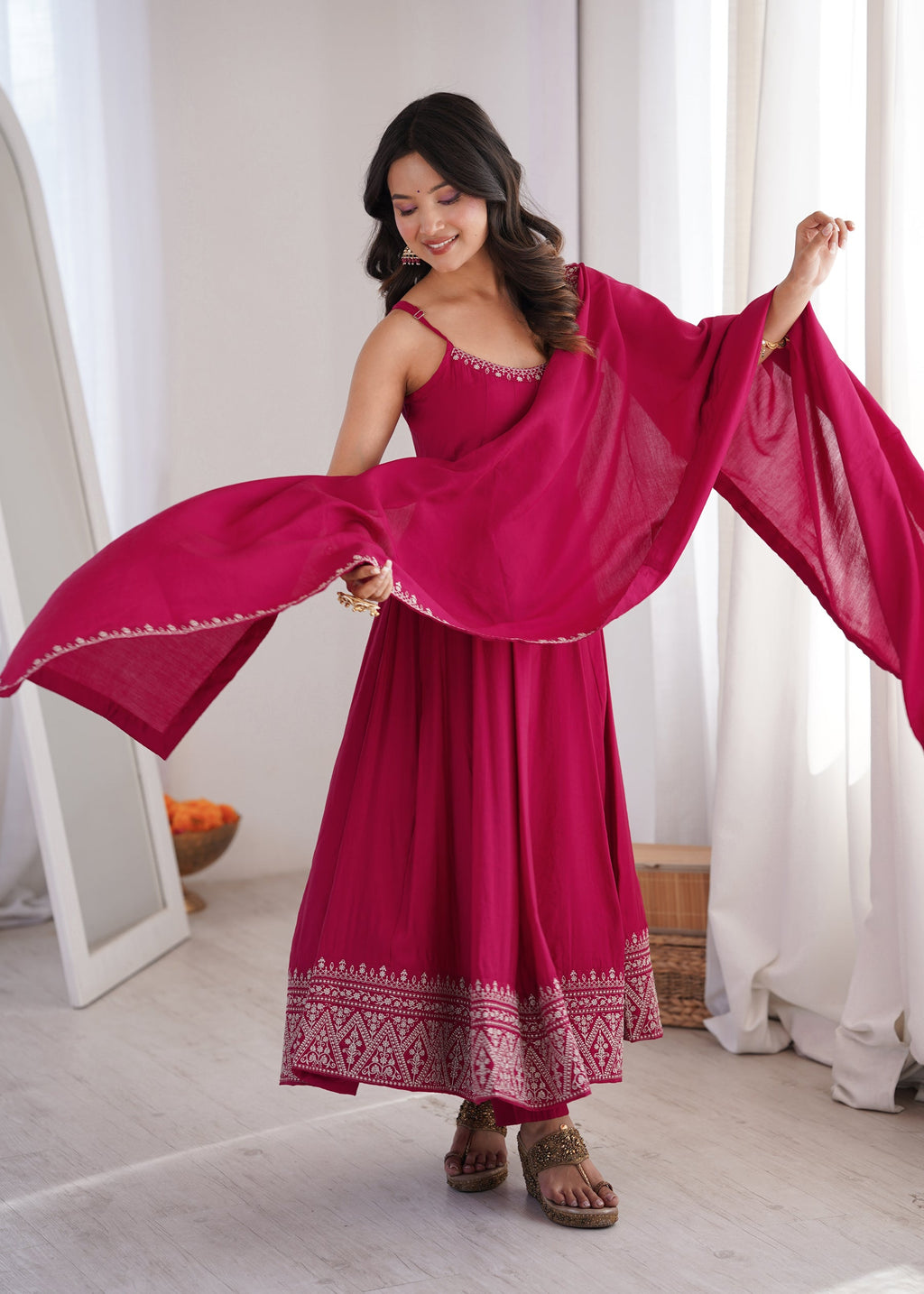 Lorenvalley Fashion Rani Pink Roman Silk Chanderi Embroidery Thread Work Lace Anarkali Gown Pant with Dupatta | Grocsy