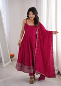 Lorenvalley Fashion Rani Pink Roman Silk Chanderi Embroidery Thread Work Lace Anarkali Gown Pant with Dupatta | Grocsy