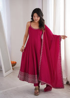 Lorenvalley Fashion Rani Pink Roman Silk Chanderi Embroidery Thread Work Lace Anarkali Gown Pant with Dupatta | Grocsy
