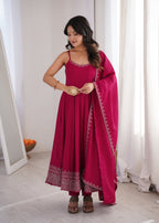 Lorenvalley Fashion Ranipink Roman Silk Chanderi Embroidery Thread Work Lace Anarkali Gown Pant with Dupatta | Grocsy