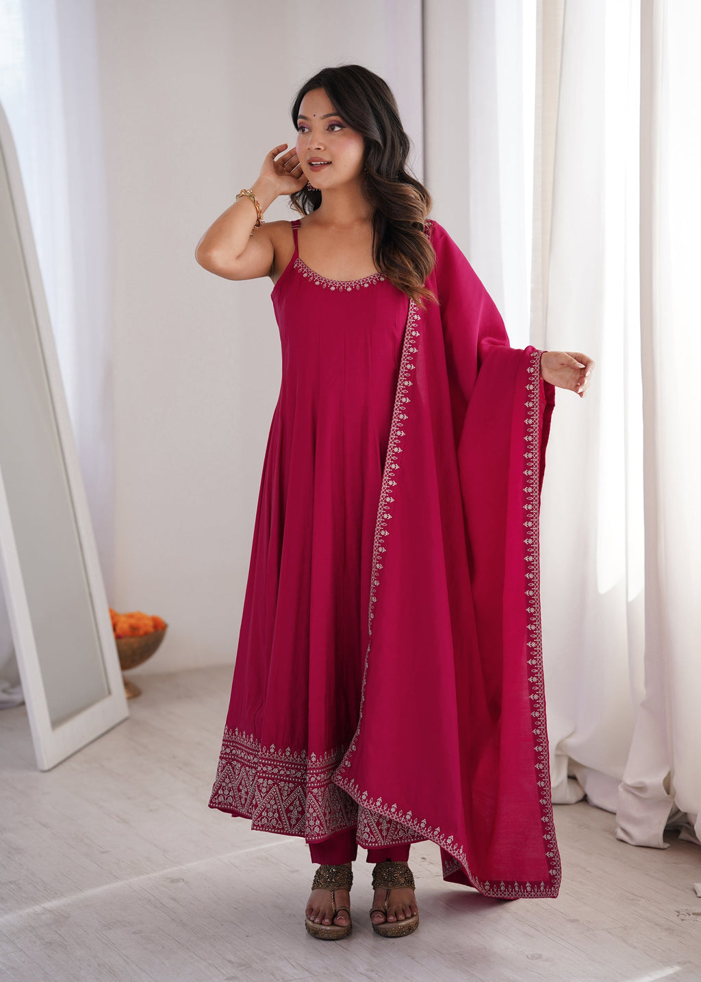 Lorenvalley Fashion Rani Pink Roman Silk Chanderi Embroidery Thread Work Lace Anarkali Gown Pant with Dupatta | Grocsy