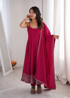 Lorenvalley Fashion Rani Pink Roman Silk Chanderi Embroidery Thread Work Lace Anarkali Gown Pant with Dupatta | Grocsy